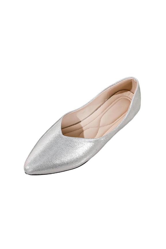 Womens Metallic Silver Pointed Toe Flats Slip On Comfortable Ballet Flats for Work Wedding Party,Size 7