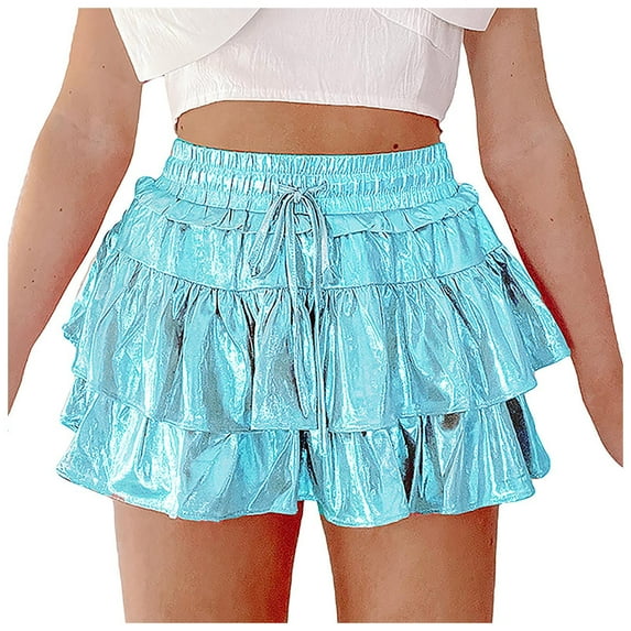 Womens Metallic Skirt Shiny Flared Pleated Skirt Layered Ruffle Hem Mini Skirt Halloween Rave Skirt