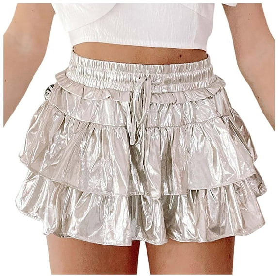 Womens Metallic Skirt Shiny Flared Pleated Skirt Layered Ruffle Hem Mini Skirt Halloween Rave Skirt