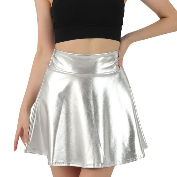 Womens Metallic Skirt Shiny Liquid Mini Skirt Metallic Holographic Pleated Flared Skater Skirt High Waist Holographic Skirt Gray 2XL