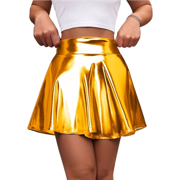 Womens Metallic Skirt Silver Shiny Flared High Waist Mini Holographic Pleated Skirts Leisure Fashion