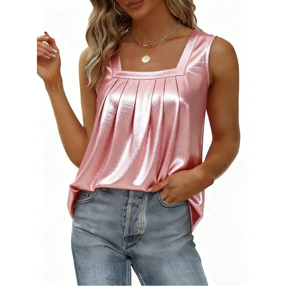 Womens Metallic Tank Tops Casual Square Neck Shiny Sparkly Top Party Night out Pleated Blouses( Pink, M )