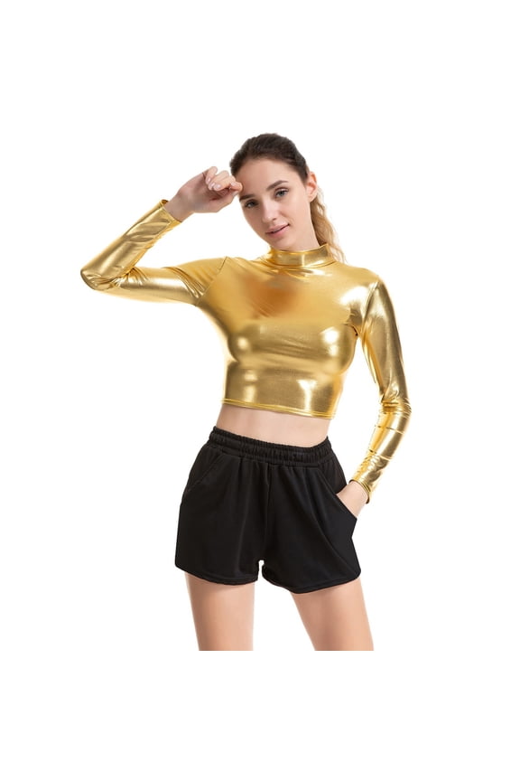 Womens Metallic Top Long Sleeve Turtleneck Crop Top (Gold L)