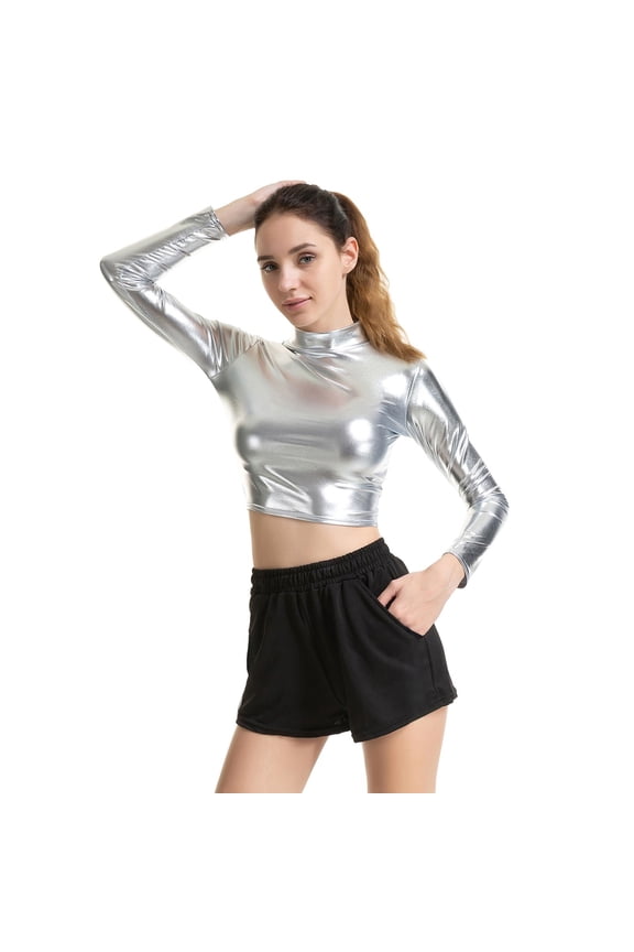 Womens Metallic Top Long Sleeve Turtleneck Crop Top (Silver S)