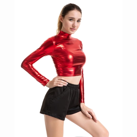Womens Metallic Top Long Sleeve Turtleneck Solid Color Crop Tee Shirts Shiny Slim Fit Fashion Y2K Party Blouses