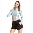 thumbnail image 1 of Womens Metallic Top Long Sleeve Turtleneck Solid Color Crop Tee Shirts Shiny Slim Fit Fashion Y2K Party Blouses, 1 of 4