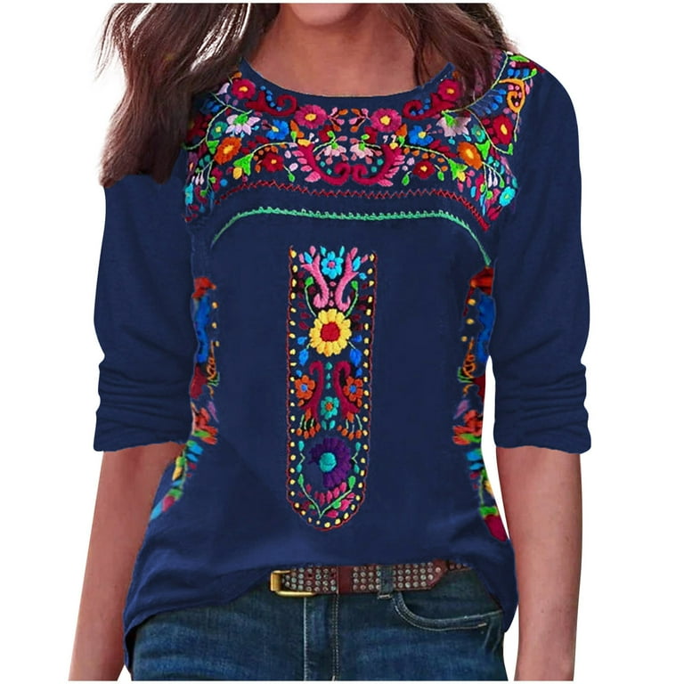 Womens Mexican Style Long Sleeve Tops Retro Floral Printed