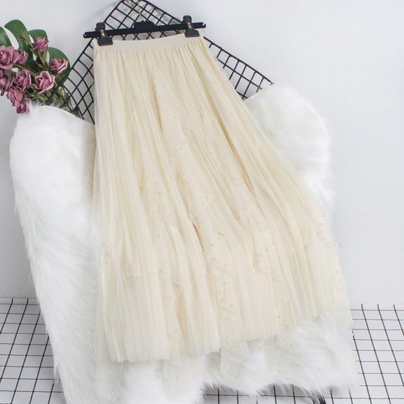 Womens MiDi Skirt High-Waist Beaded A-Line Tutu Skirt Tulle Skirt Elegant Skirt