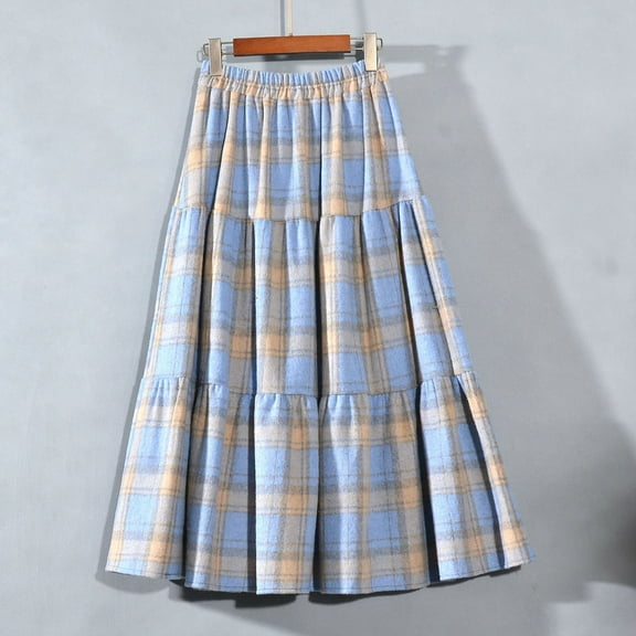 Womens MiDi Skirt High-Waist Plaid Wool Blend Skirt with Elastic Waist Knee-Length Tiered Skirt (S-XL)