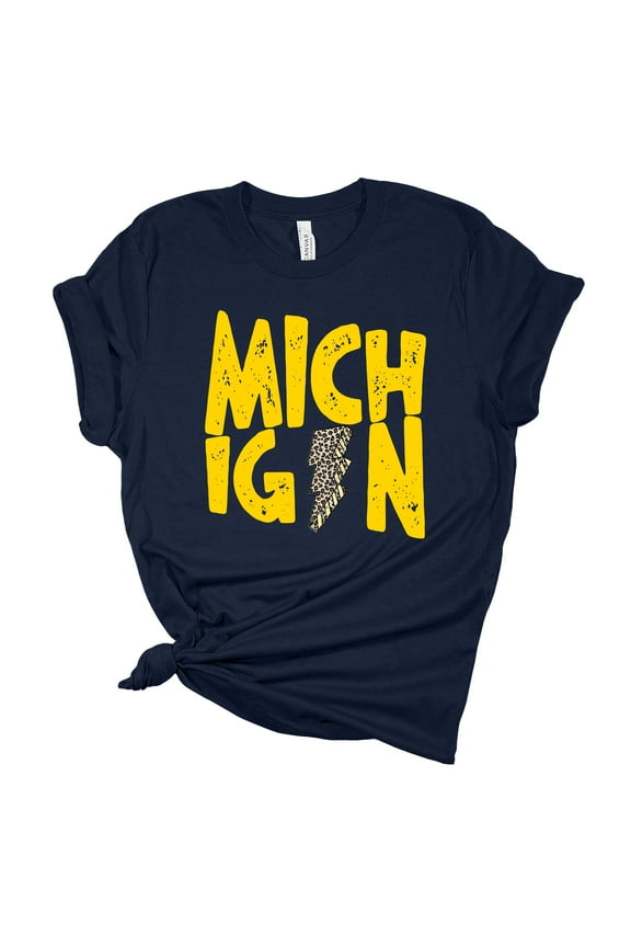 Womens Michigan Distressed Lightning Football Team Color Ladies Short Sleeve T-shirt-Navy Blue-xl