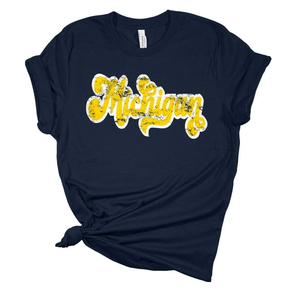 Womens Michigan Distressed Retro Football Team Color Ladies Short Sleeve T-shirt-Navy Blue-4xl