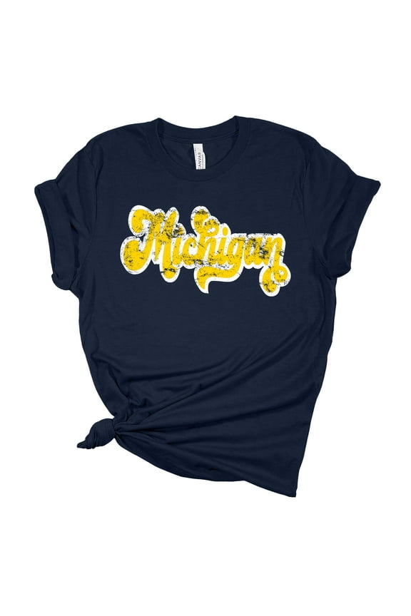 Womens Michigan Distressed Retro Football Team Color Ladies Short Sleeve T-shirt-Navy Blue-large
