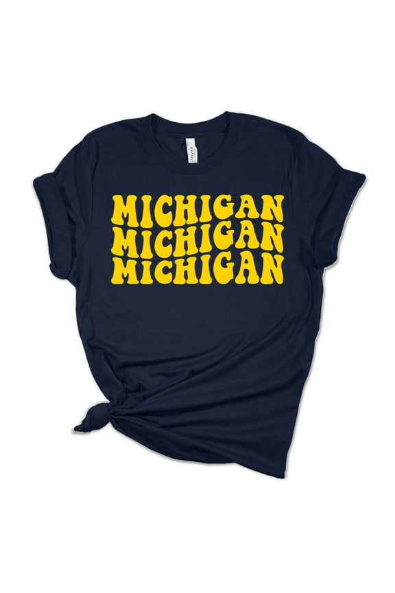 Womens Michigan Repeat Retro Football Team Color Ladies Short Sleeve T-shirt-Navy Blue-medium