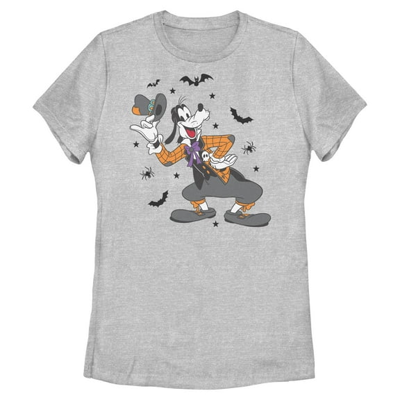 Womens Mickey & Friends Halloween Goofy Tipping Hat Bats and Spiders T Shirt