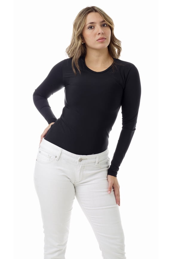 Womens Microfiber Compression Crew Neck Top Long Sleeve