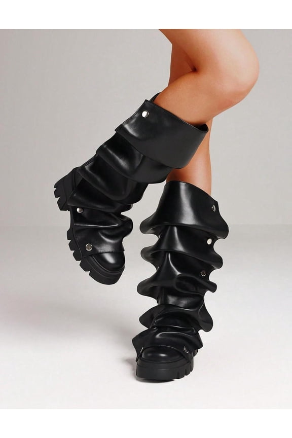 Womens Mid Calf Black Boots Platform Heels Ruch Knee-High Fold Over Chunky Heel Thick Sole Short Booties Round Toe Wide Calf Pull-On Daily Party 2026 Year Trend