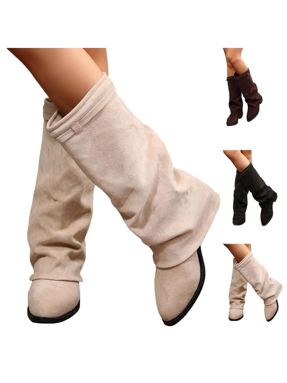 Womens Mid Calf Booties Fold Over Metal Tag Decor Shoes Faux Suede Casual Mid Boots