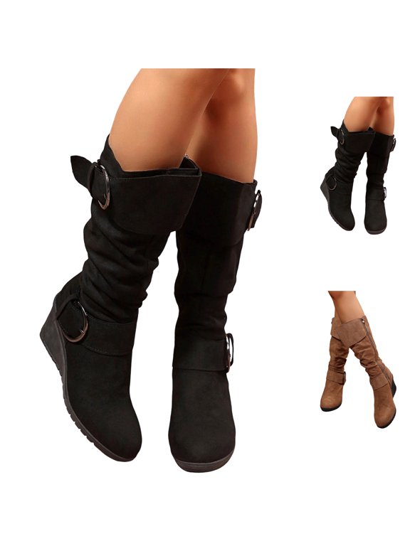 Womens Mid Calf Booties Round Toe Big Buckle Wedge Heel Shoes Faux Suede Casual Mid Boots