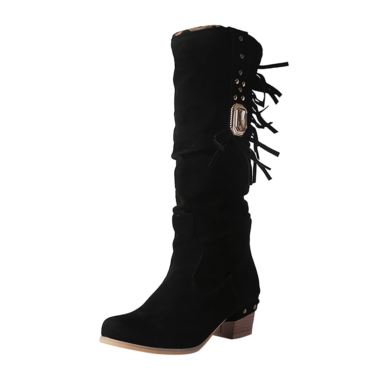Womens Mid Calf Boots Fringed Fashion Solid Boots Boots Color Thick Suede Rhinestone Heel Boots