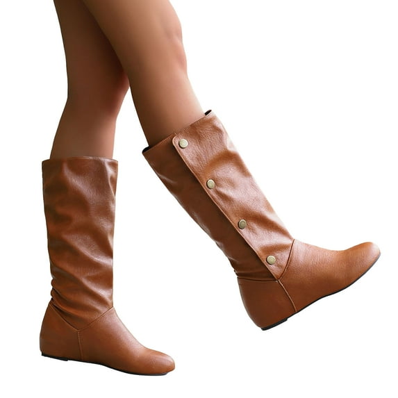 Womens Mid Calf Boots Hidden Wedge Low Heel Vintage Leather Round Toe Adjustable Button Fall Winter Dress Long Booties Yellow Size 6