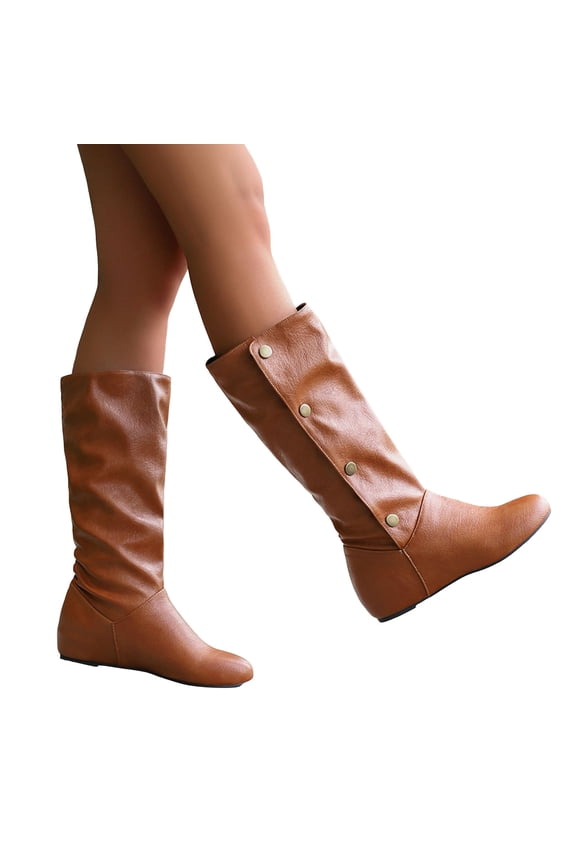 Womens Mid Calf Boots Hidden Wedge Low Heel Vintage Leather Round Toe Adjustable Button Fall Winter Dress Long Booties Yellow Size 9