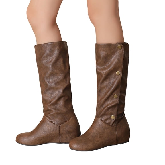 Womens Mid Calf Boots Hidden Wedge Low Heel Vintage Leather Round Toe Adjustable Button Fall Winter Dress Long Booties Brown Size 7.5