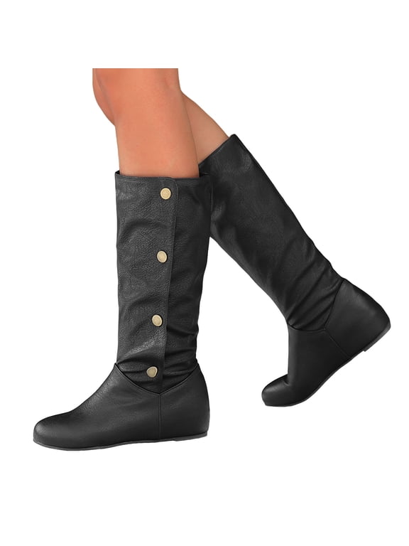 Womens Mid Calf Boots Hidden Wedge Low Heel Vintage Leather Round Toe Adjustable Button Fall Winter Dress Long Booties Black Size 9
