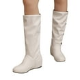 thumbnail image 1 of Womens Mid Calf Boots Hidden Wedge Low Heel Vintage Leather Round Toe Adjustable Button Fall Winter Dress Long Booties White Size 9, 1 of 6