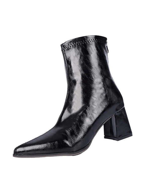 Womens Mid Calf Boots Leather Sock Mid Chunky Heel Booties Pointed Toe Back Zip Slip-on Casual Fashion Fall Winter Short Shoes Black 8.5