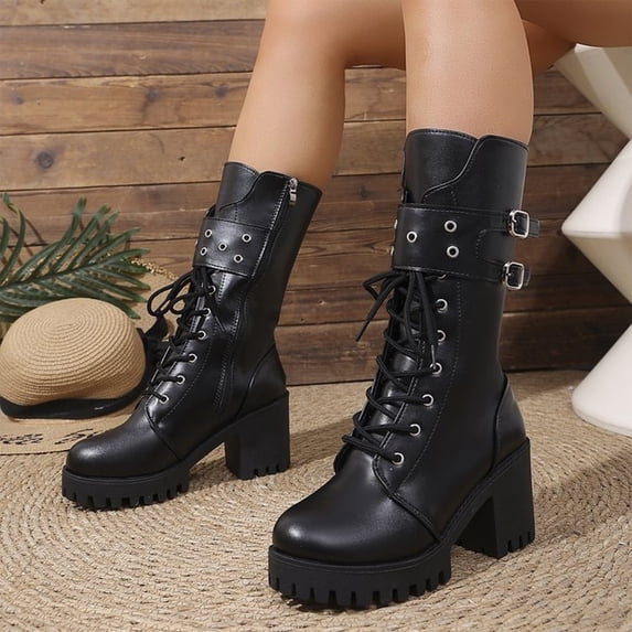 Womens Mid Calf Boots,Mid Calf Boots for Women - Tall Fashion Boots with Studded, Side Zipper and Lace Up Mid Shaft Boots, Platform Sole Dress Boots, Easy-to-Style Casual Footwear for Winter