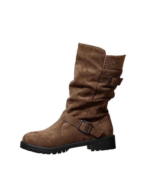 Womens Mid Calf Boots Round Toe Slouch Shaft Double Buckle Straps Ribbed Knit Cuff Low Block Heel for Winter Casual Wear
