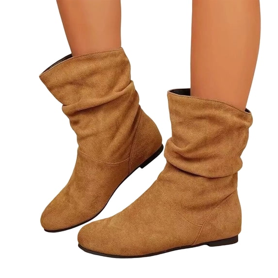 Womens Mid Calf Boots Slouch Ruched Booties Low Heel Round Toe Casual Fall Winter Fashion Comfortable Shoes Brown 7