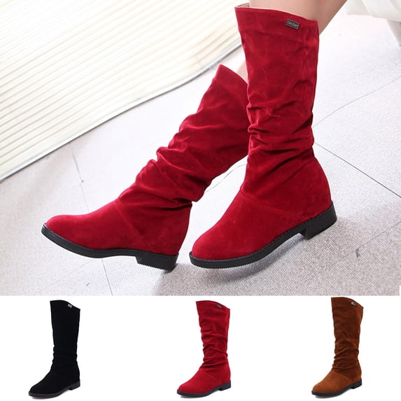 Womens Mid Calf Boots Slouch Ruched Shaft Round Toe Flat Low Heel Pull On Faux Suede Casual Tall Boots for Daily Shopping Date Black 40