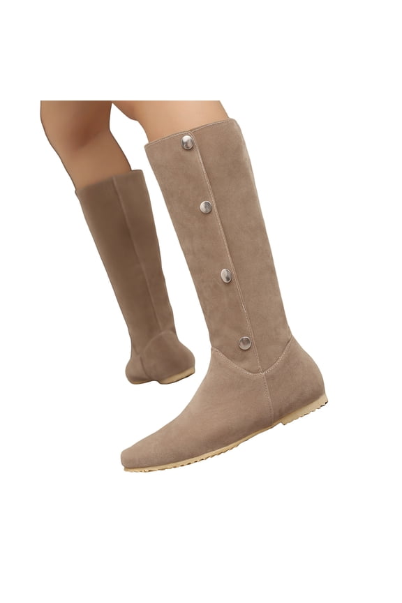 Womens Mid Calf Boots Suede Pointed Toe Flat Heel Antislip Long Booties Adjustable Button Fold Over Ankle Boots
