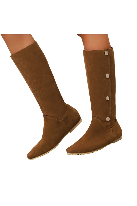 Womens Mid Calf Boots Suede Pointed Toe Flat Heel Antislip Long Booties Adjustable Button Fold Over Ankle Boots