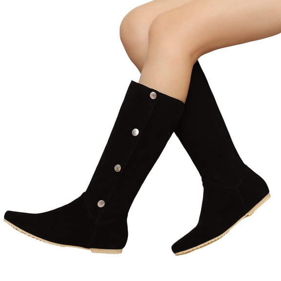 Womens Mid Calf Boots Suede Pointed Toe Flat Heel Antislip Long Booties Adjustable Button Fold Over Ankle Boots Black Size 9