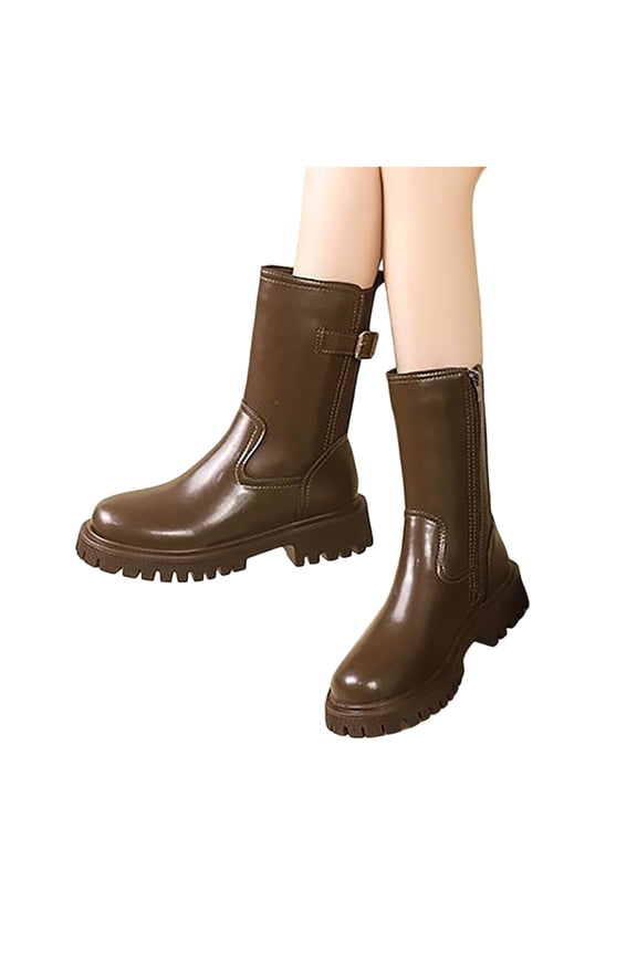 Womens Mid Calf Chelsea Boots Platform Slip on Low Heel Ankle Booties Leather Combat Riding Boots