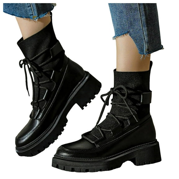 Womens Mid Calf Combat Boots Black Fashion Casual Leather Knit Patchwork Platform Chunky Slip on Penny Loafers Winter Fall Shoes