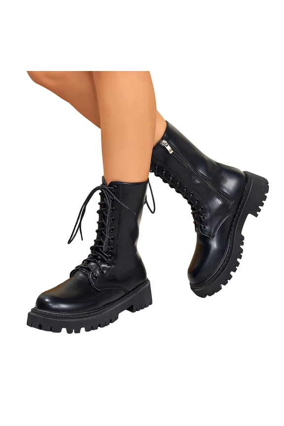 Womens Mid Calf Combat Boots Fashion Platform Lace Up Fall Booties Wide Toe Box Non Slip Riding Boots