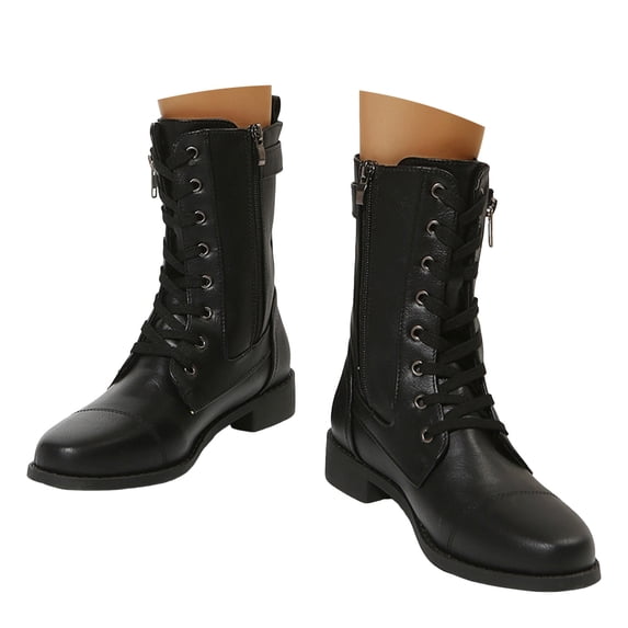 Womens Mid Calf Combat Boots Low Heel Lace Up Round Toe Military Boots Fall Shoes with Side Zipper