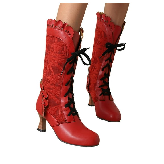 Womens Mid Calf Combat Boots Vintage Leather Lace Patchwork Kitten High Heels Dress up Short Booties for Cocktail Party