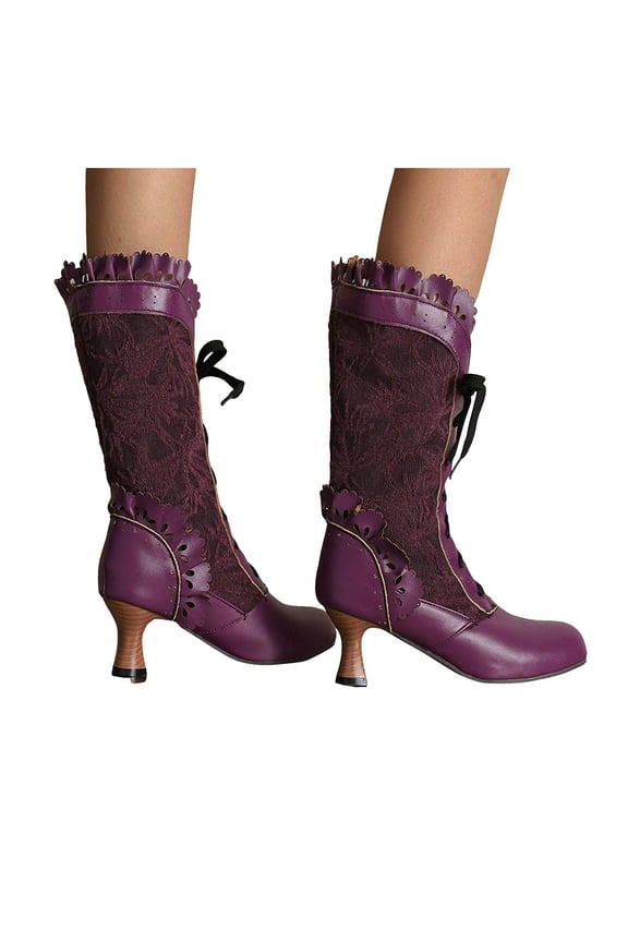 Womens Mid Calf Combat Boots Vintage Leather Lace Patchwork Kitten High Heels Dress up Short Booties for Cocktail Party