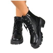 Womens Mid Calf Combat Boots with Side Zipper Fashion Black Leather Buckle Platform Chunky Motorcycle Riding Short Ankle Booties