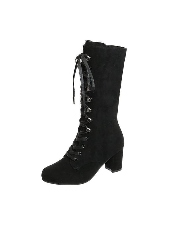 Womens Mid Calf Cone Block Heel Boots 60s 70s Retro Gothic Rock Punk Knee High Boots Mid Calf Boots Women Lace up Motorcycle Boots Cowgirl Cowboy Boots Sale Clearance US Size 4 5 6 7 8 9