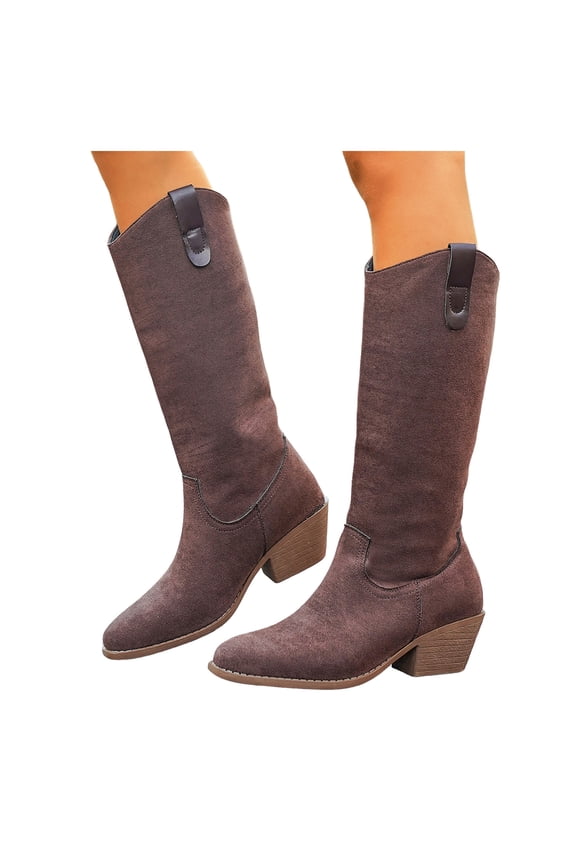 Womens Mid Calf Fall Boots Trendy Pull on Pointed Toe Western Long Booties Chunky Heel Riding Boots