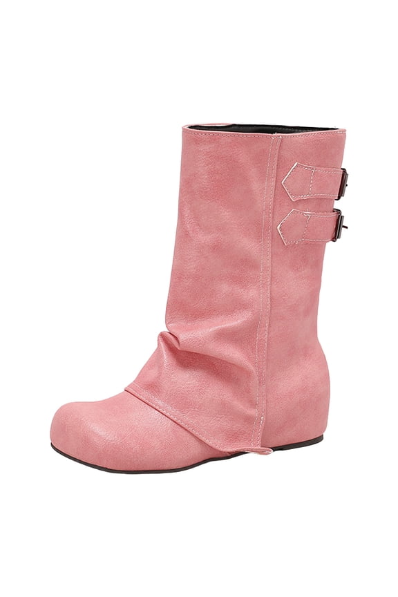 Womens Mid Calf Leather Fold Over Boots Slip On Wide Toe Box Flat Fall Booties Casual Wide Calf Cowboy Boots Pink Size 6