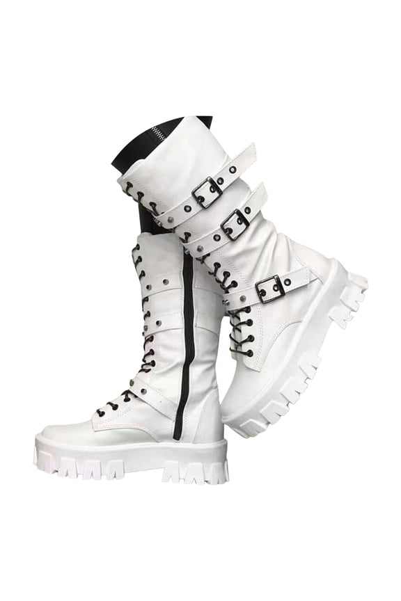 Womens Mid Calf Motorcycle Riding Combat Boots Punk Studded Buckles Leather Chunky Platform Tall Boots with Side Zipper White Size 9