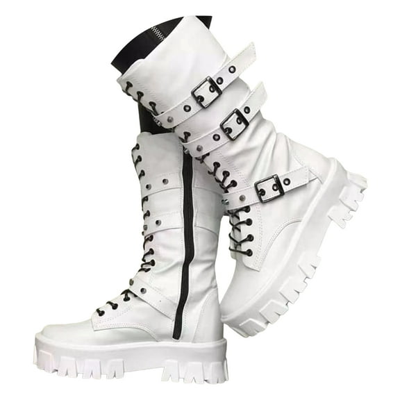 Womens Mid Calf Motorcycle Riding Combat Boots Punk Studded Buckles Leather Chunky Platform Tall Boots with Side Zipper White Size 9