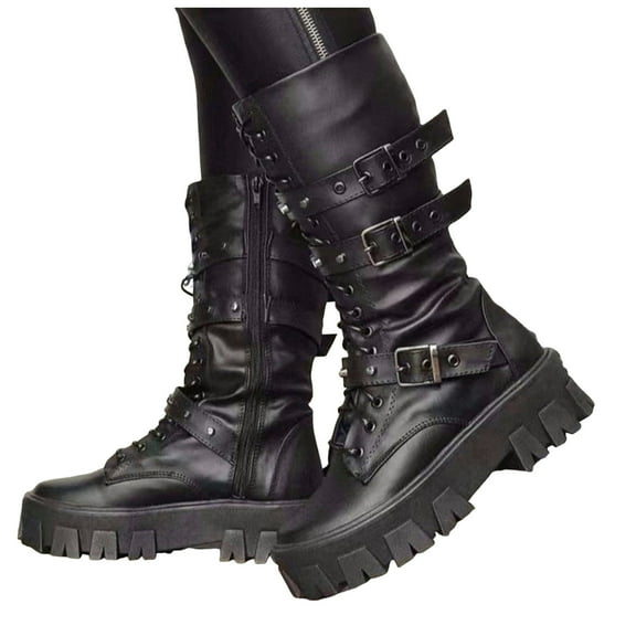 Womens Mid Calf Motorcycle Riding Combat Boots Punk Studded Buckles Leather Chunky Platform Tall Boots with Side Zipper Black Size 6.5