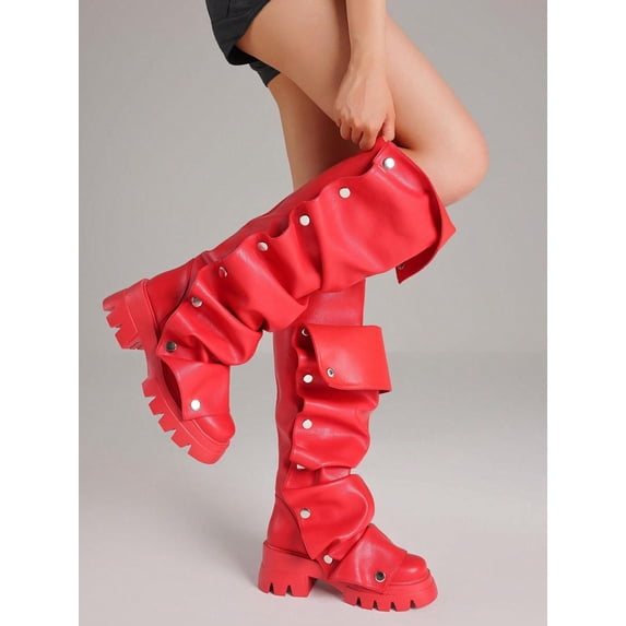 Womens Mid-Calf Platform Heel Boots, Knee High Fold Over Chunky Heel Short Booties with Ruch Design, Round Toe Wide Calf Pull-On for Daily Party & Y2K Dress, 2026